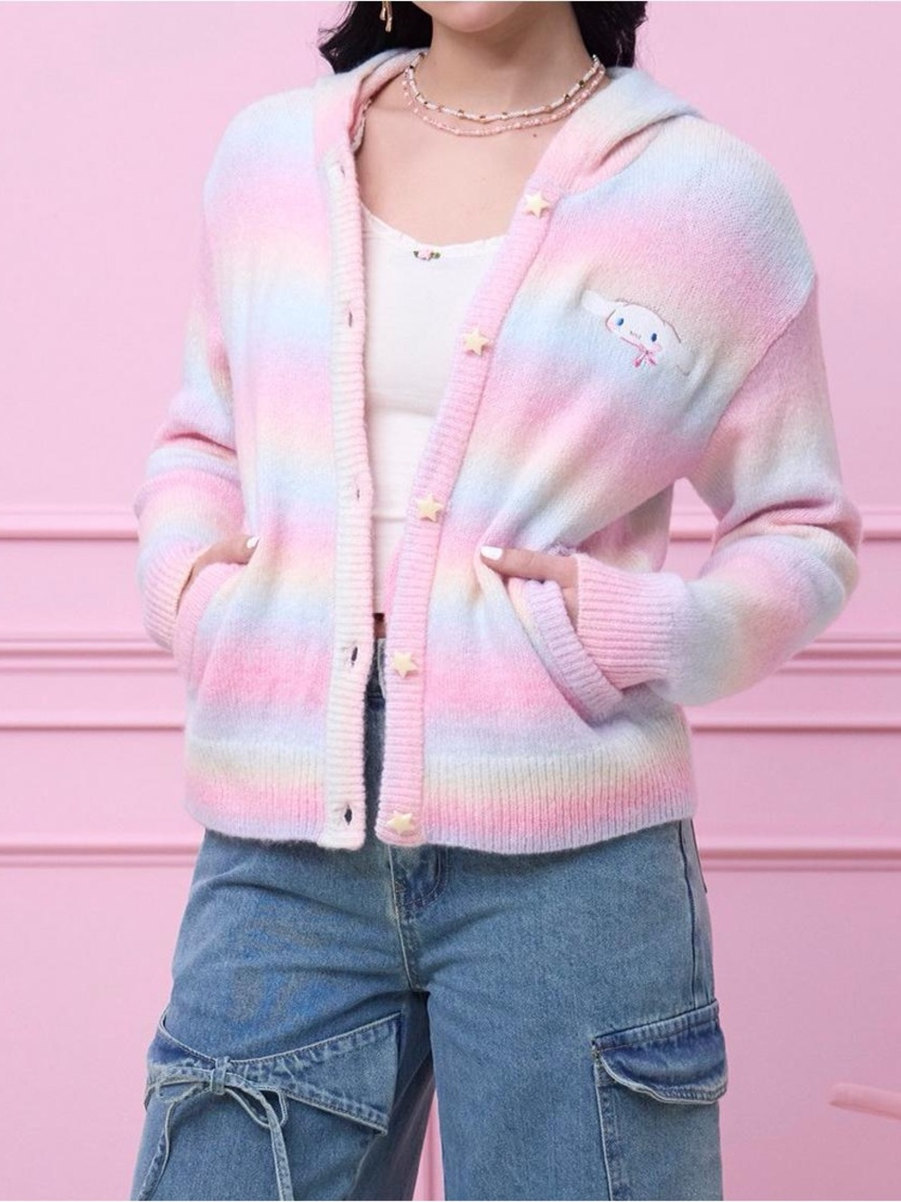 Cinnamoroll pastel knit ombré cardigan sweater button up hooded Sanrio medium